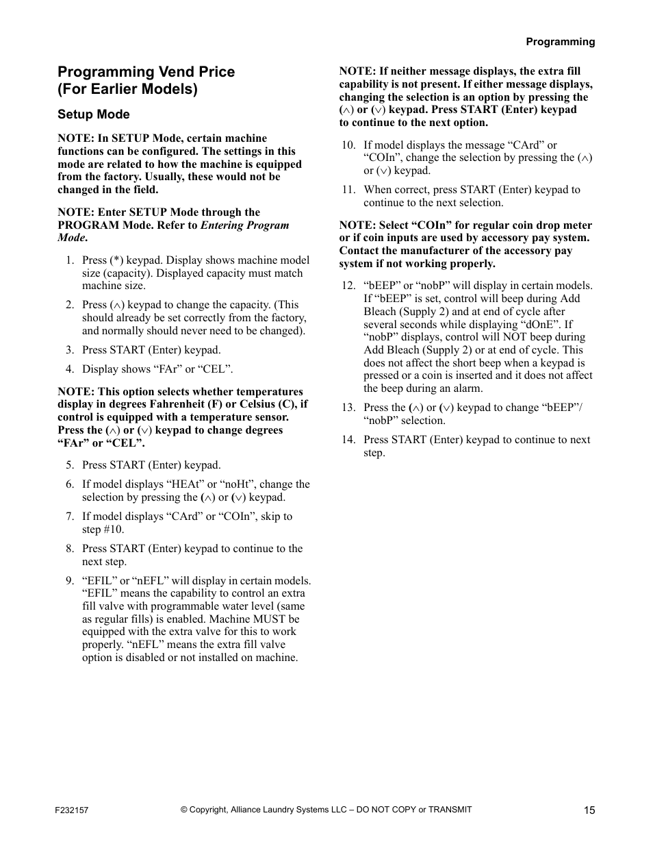 Programming vend price, For earlier models), Setup mode | Programming vend price (for earlier models) | Alliance Laundry Systems F232157R7 User Manual | Page 17 / 36