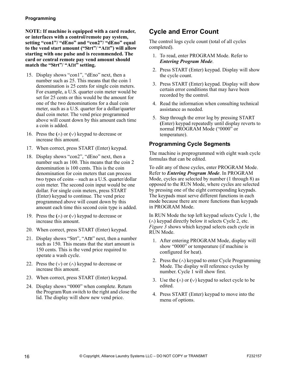 Cycle and error count, Programming cycle segments | Alliance Laundry Systems F232157R7 User Manual | Page 18 / 36