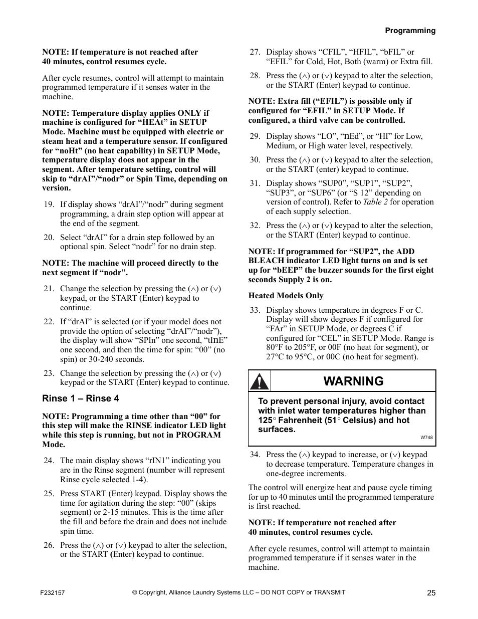 Rinse 1 – rinse 4, Warning | Alliance Laundry Systems F232157R7 User Manual | Page 27 / 36