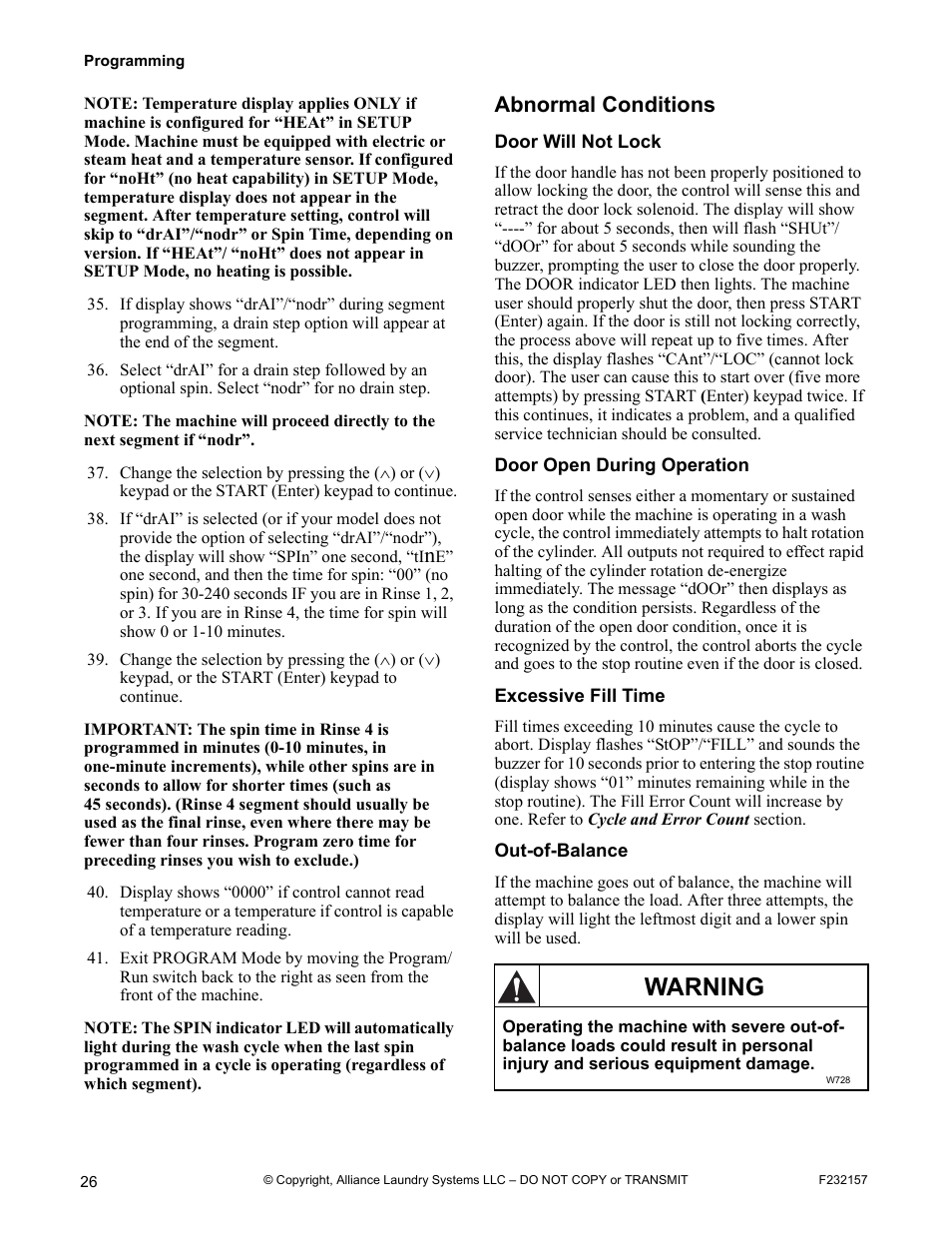 Abnormal conditions, Warning | Alliance Laundry Systems F232157R7 User Manual | Page 28 / 36