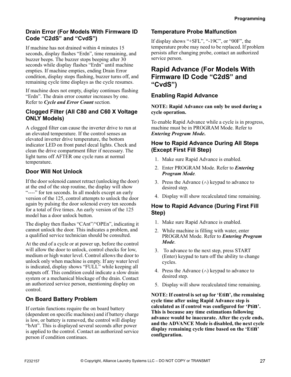 Cuhl”), Temperature probe malfunction, How to rapid advance (during first fill step) | Alliance Laundry Systems F232157R7 User Manual | Page 29 / 36