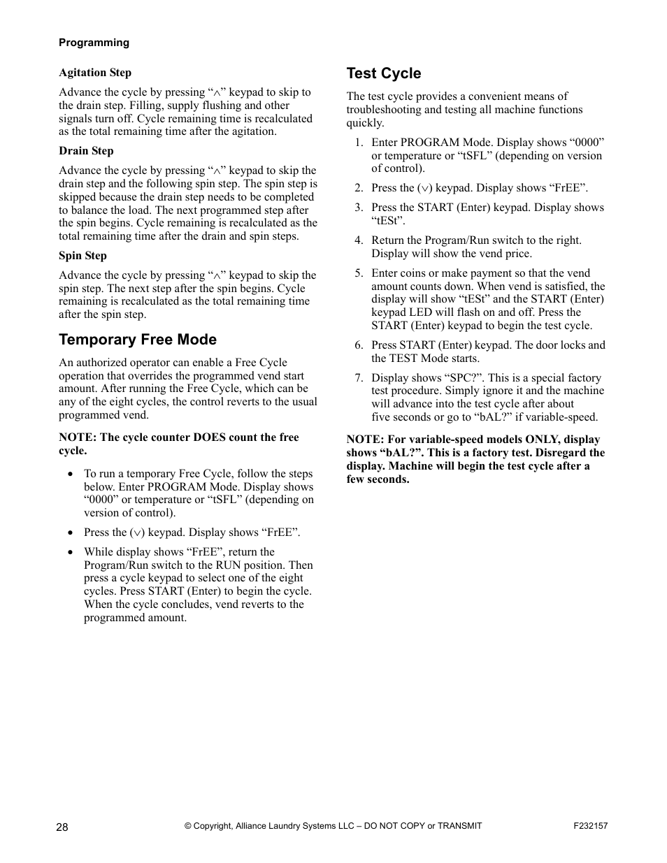 Temporary free mode test cycle, Temporary free mode, Test cycle | Alliance Laundry Systems F232157R7 User Manual | Page 30 / 36