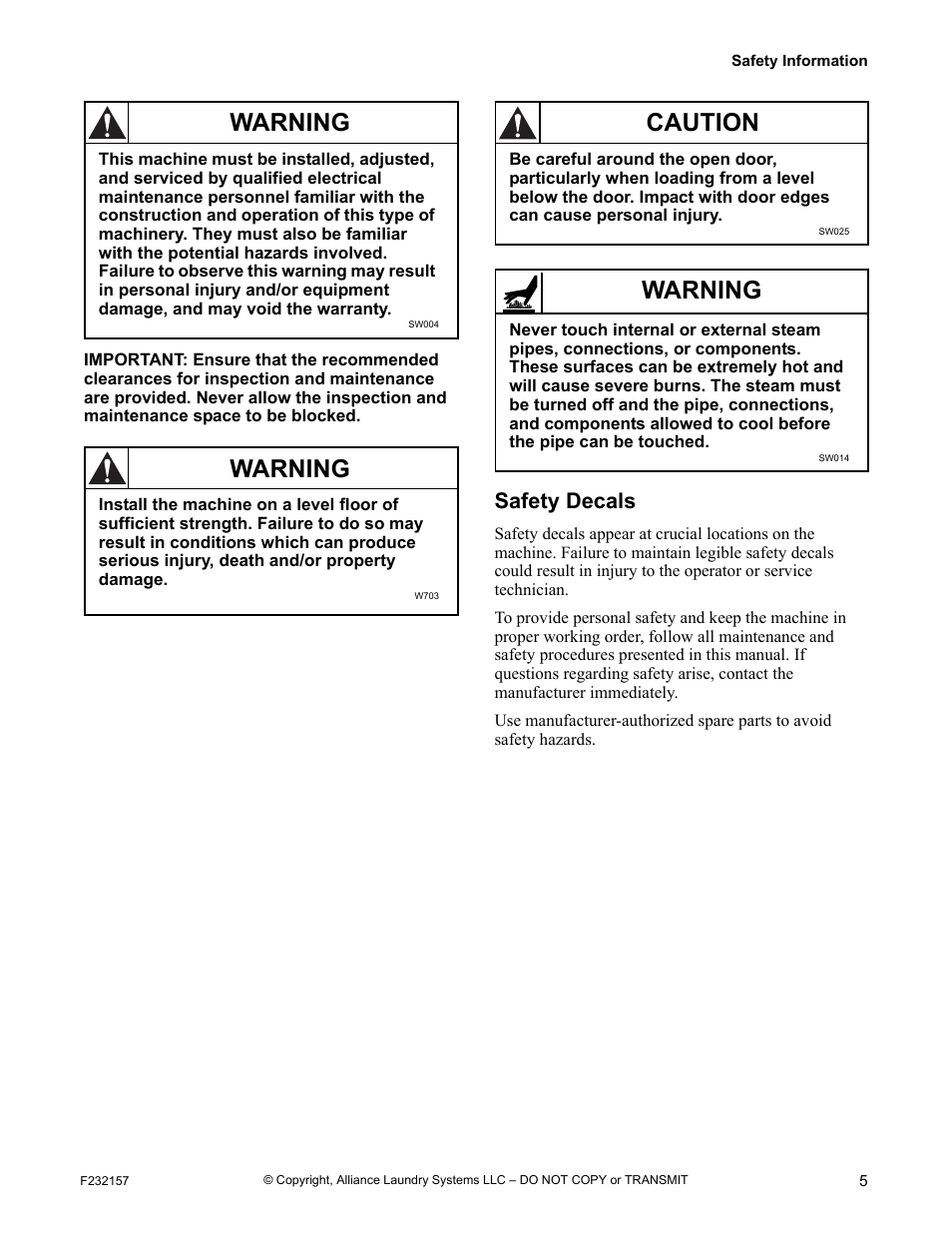 Safety decals, Warning, Caution | Alliance Laundry Systems F232157R7 User Manual | Page 7 / 36