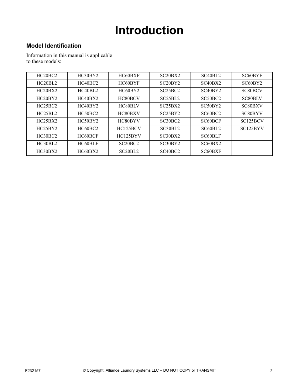 Introduction, Model identification | Alliance Laundry Systems F232157R7 User Manual | Page 9 / 36
