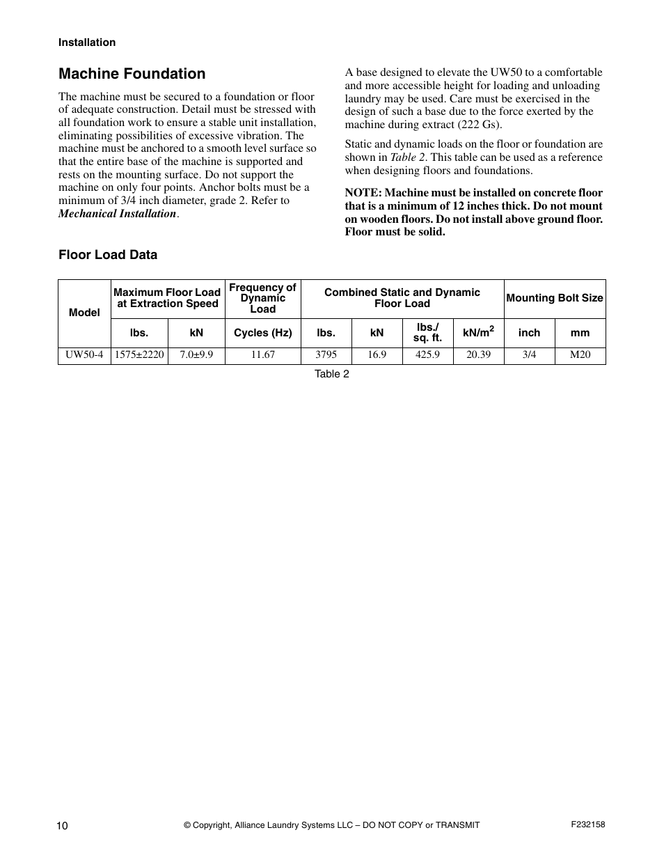 Machine foundation | Alliance Laundry Systems UW50P-4 User Manual | Page 12 / 28