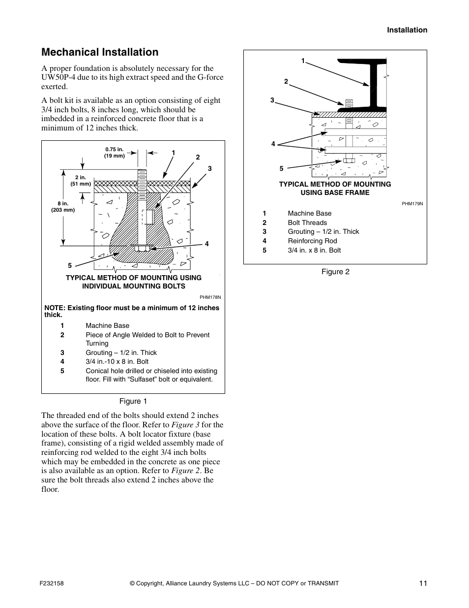 Mechanical installation | Alliance Laundry Systems UW50P-4 User Manual | Page 13 / 28