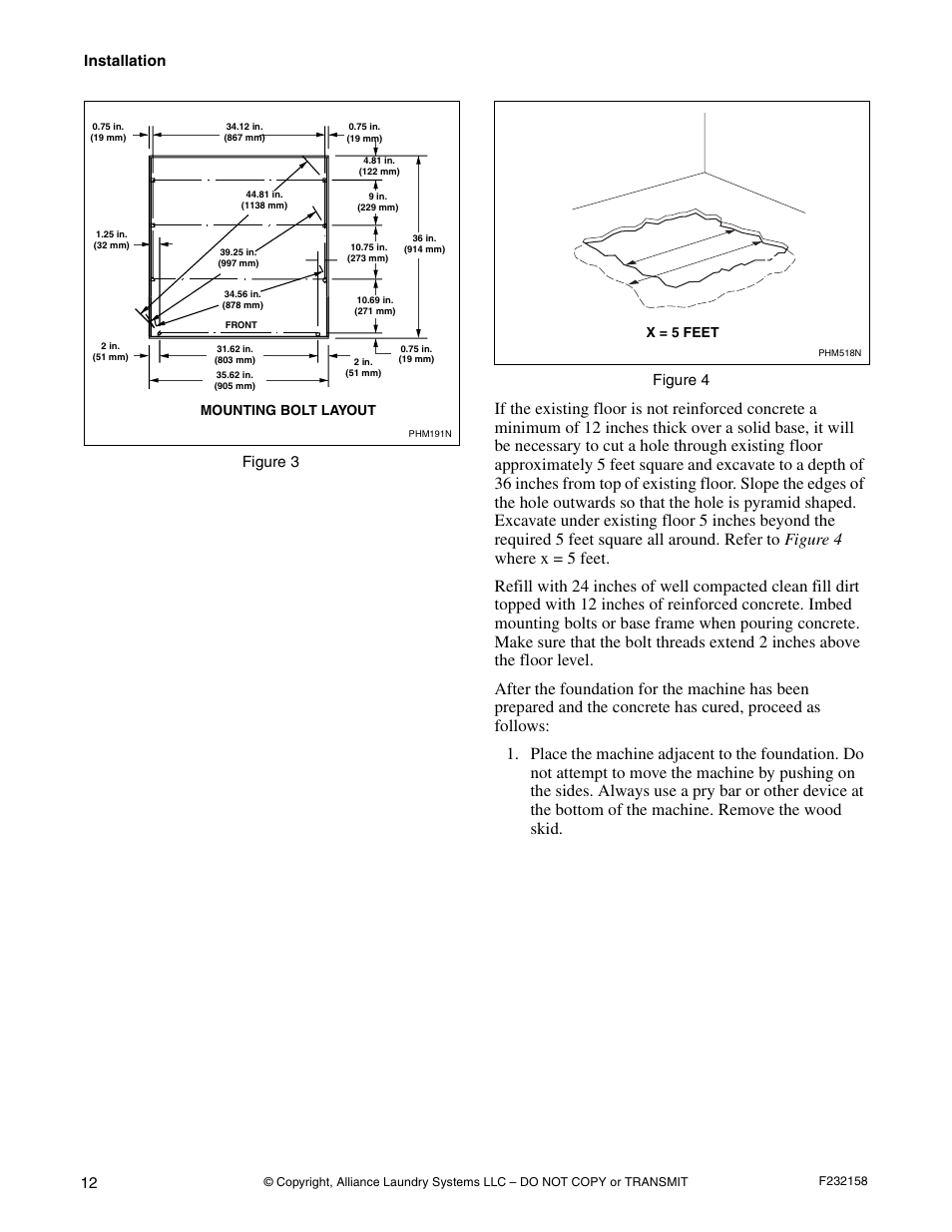Installation, Figure 3 figure 4, Mounting bolt layout | X = 5 feet | Alliance Laundry Systems UW50P-4 User Manual | Page 14 / 28