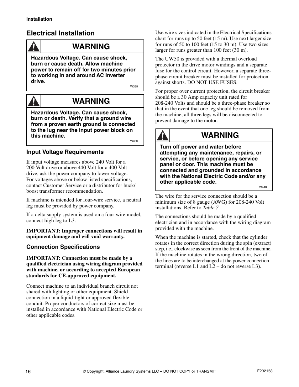 Warning, Electrical installation | Alliance Laundry Systems UW50P-4 User Manual | Page 18 / 28