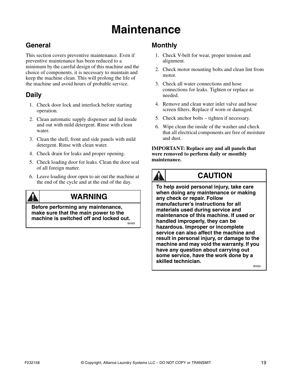 Maintenance, Warning, Caution | General, Daily, Monthly | Alliance Laundry Systems UW50P-4 User Manual | Page 21 / 28