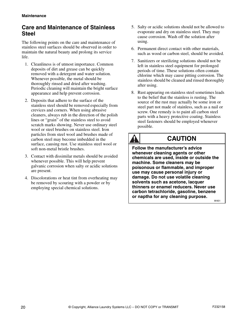 Caution, Care and maintenance of stainless steel | Alliance Laundry Systems UW50P-4 User Manual | Page 22 / 28
