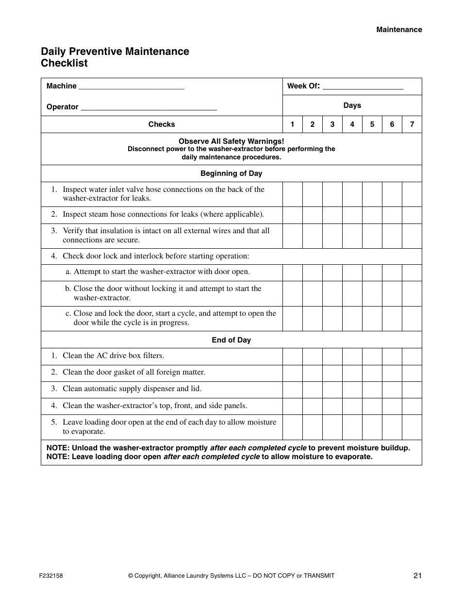 Daily preventive maintenance checklist | Alliance Laundry Systems UW50P-4 User Manual | Page 23 / 28