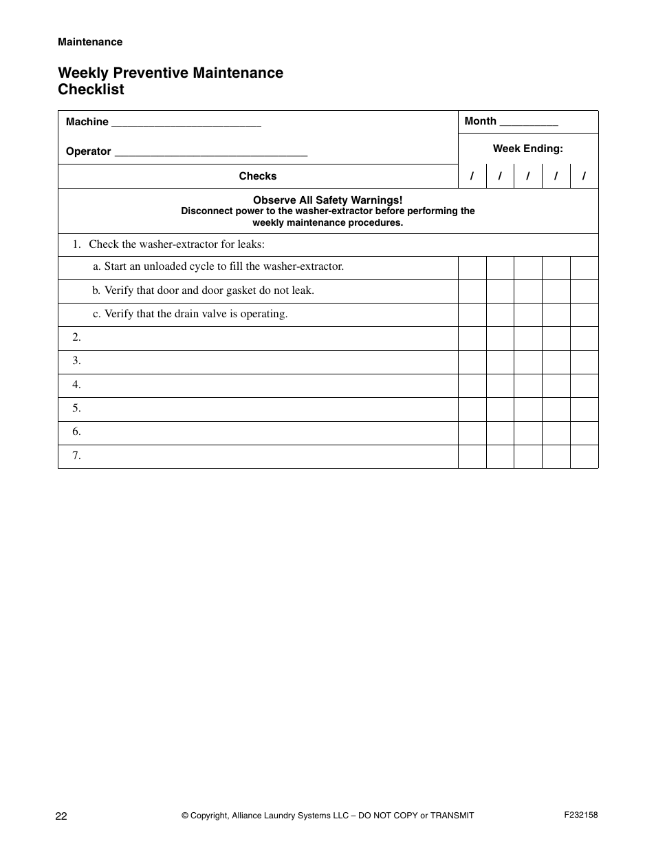 Weekly preventive maintenance checklist | Alliance Laundry Systems UW50P-4 User Manual | Page 24 / 28