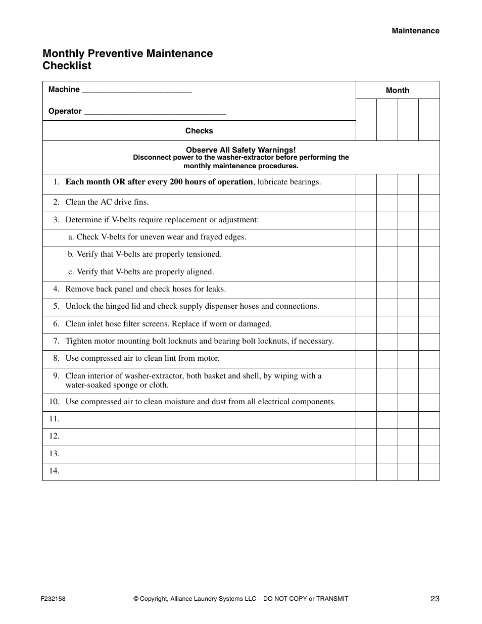 Monthly preventive maintenance checklist | Alliance Laundry Systems UW50P-4 User Manual | Page 25 / 28