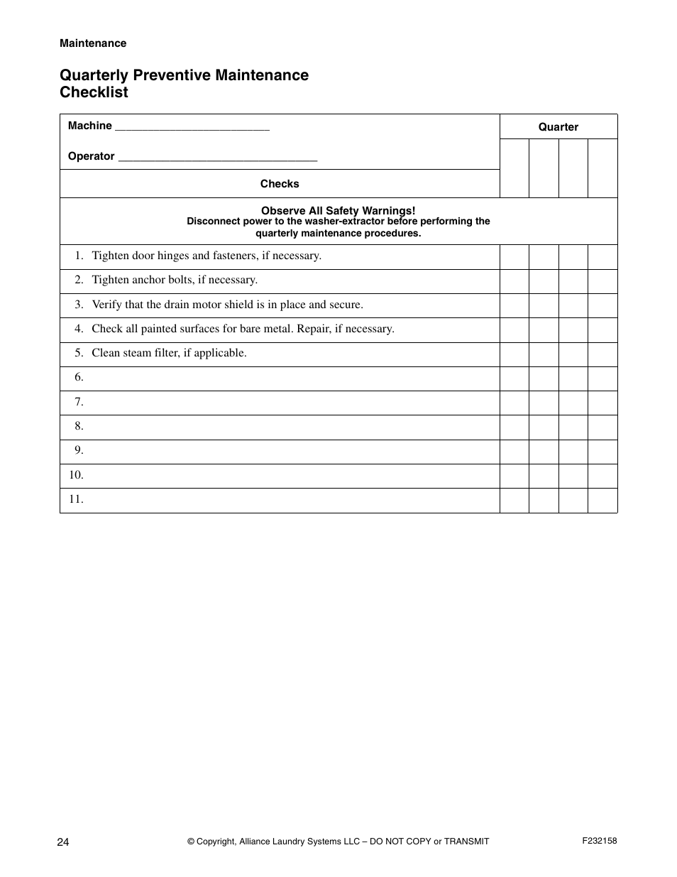 Quarterly preventive maintenance checklist | Alliance Laundry Systems UW50P-4 User Manual | Page 26 / 28