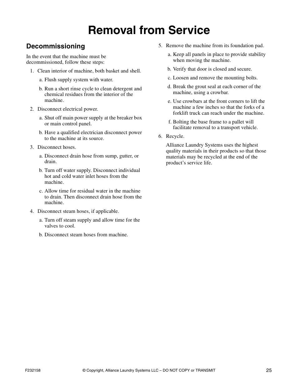 Removal from service, Decommissioning | Alliance Laundry Systems UW50P-4 User Manual | Page 27 / 28