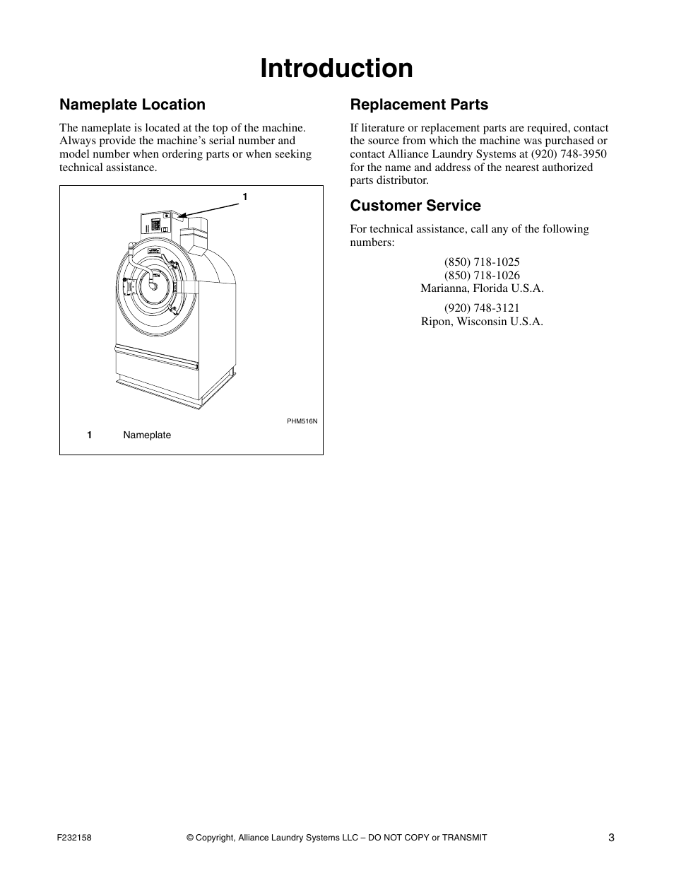 Introduction, Nameplate location, Replacement parts | Customer service | Alliance Laundry Systems UW50P-4 User Manual | Page 5 / 28