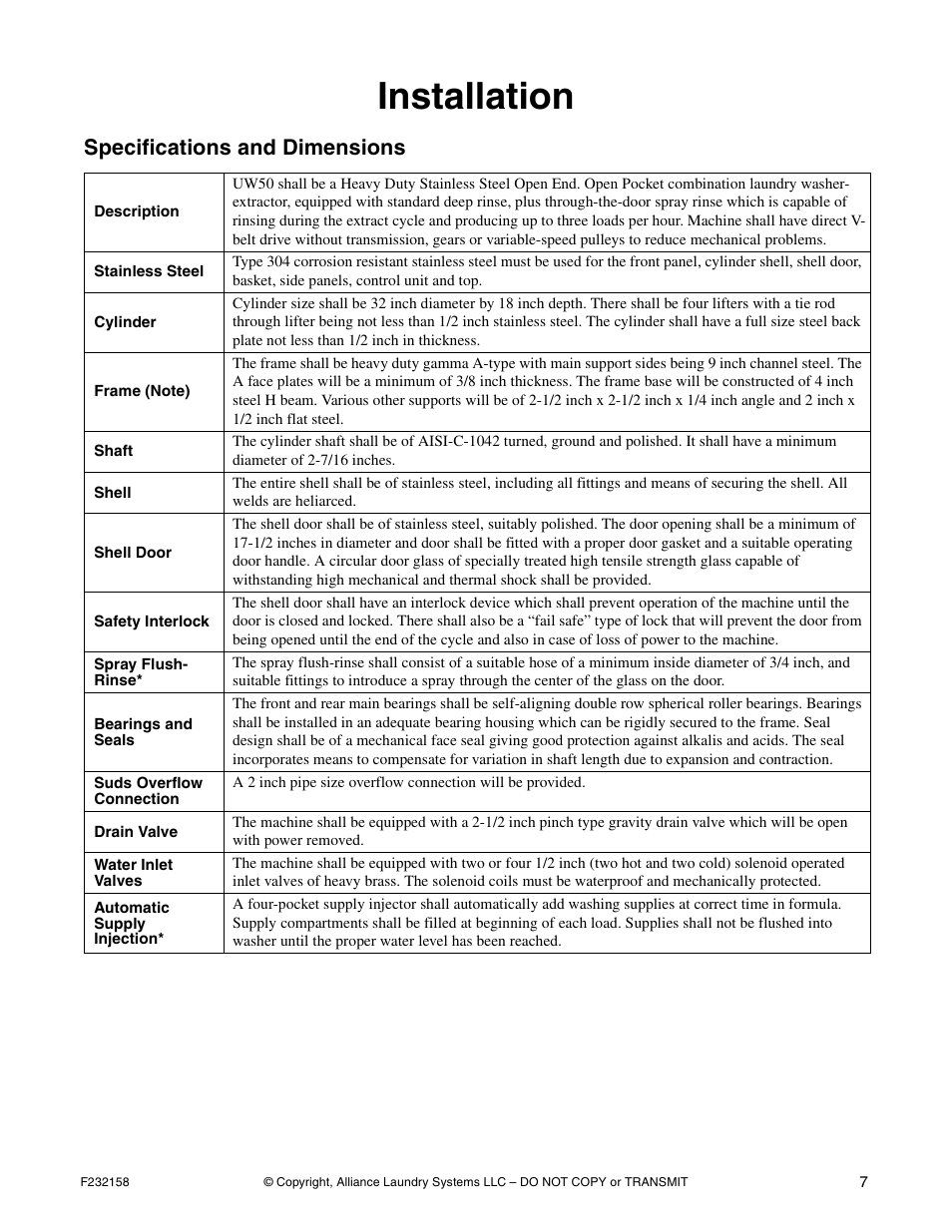 Installation, Specifications and dimensions | Alliance Laundry Systems UW50P-4 User Manual | Page 9 / 28