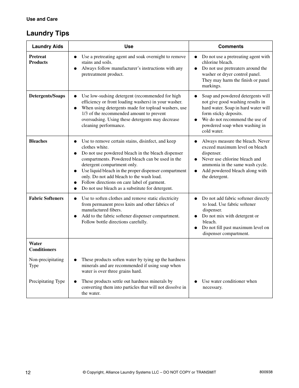 Laundry tips | Alliance Laundry Systems SWD439C User Manual | Page 14 / 62