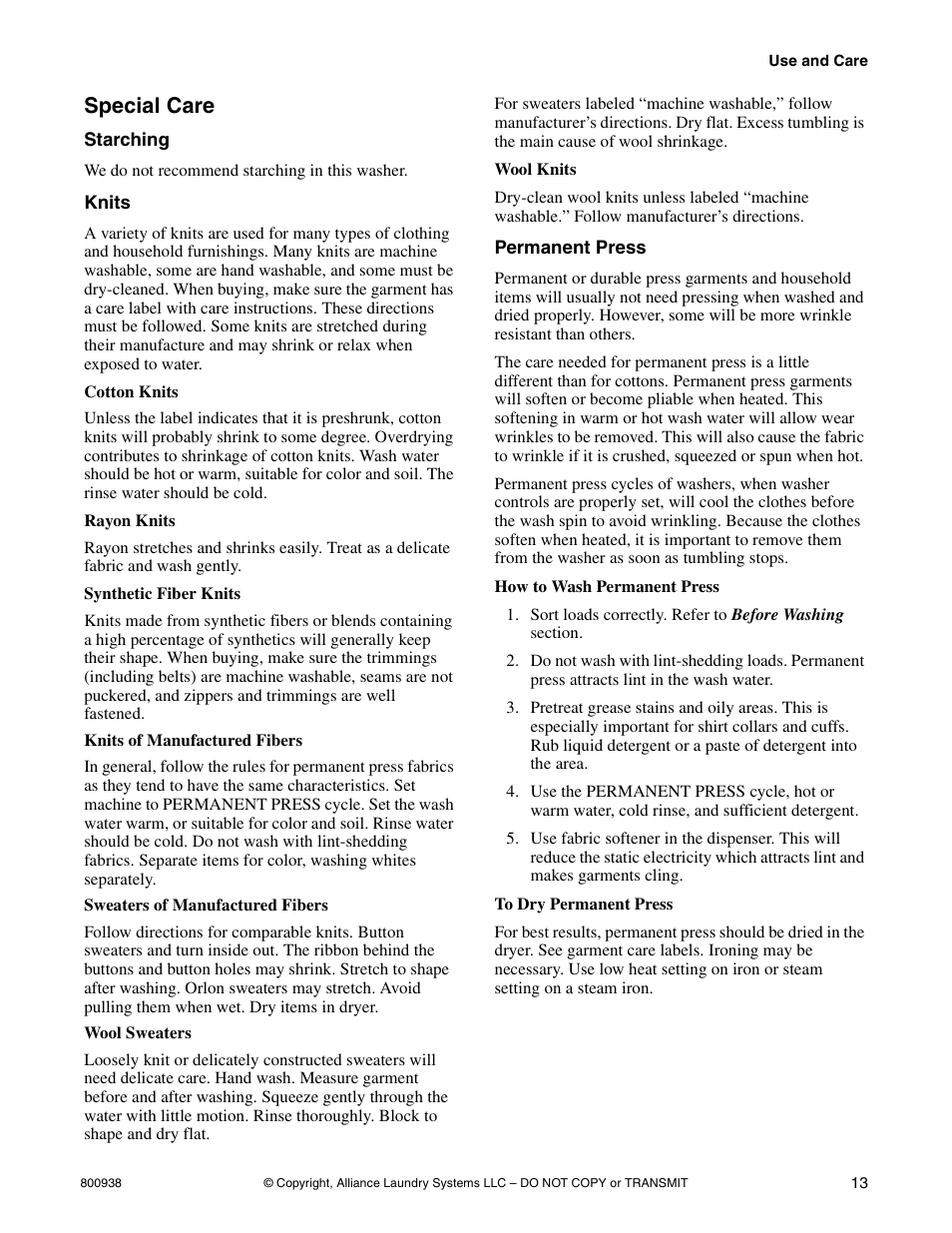 Special care | Alliance Laundry Systems SWD439C User Manual | Page 15 / 62