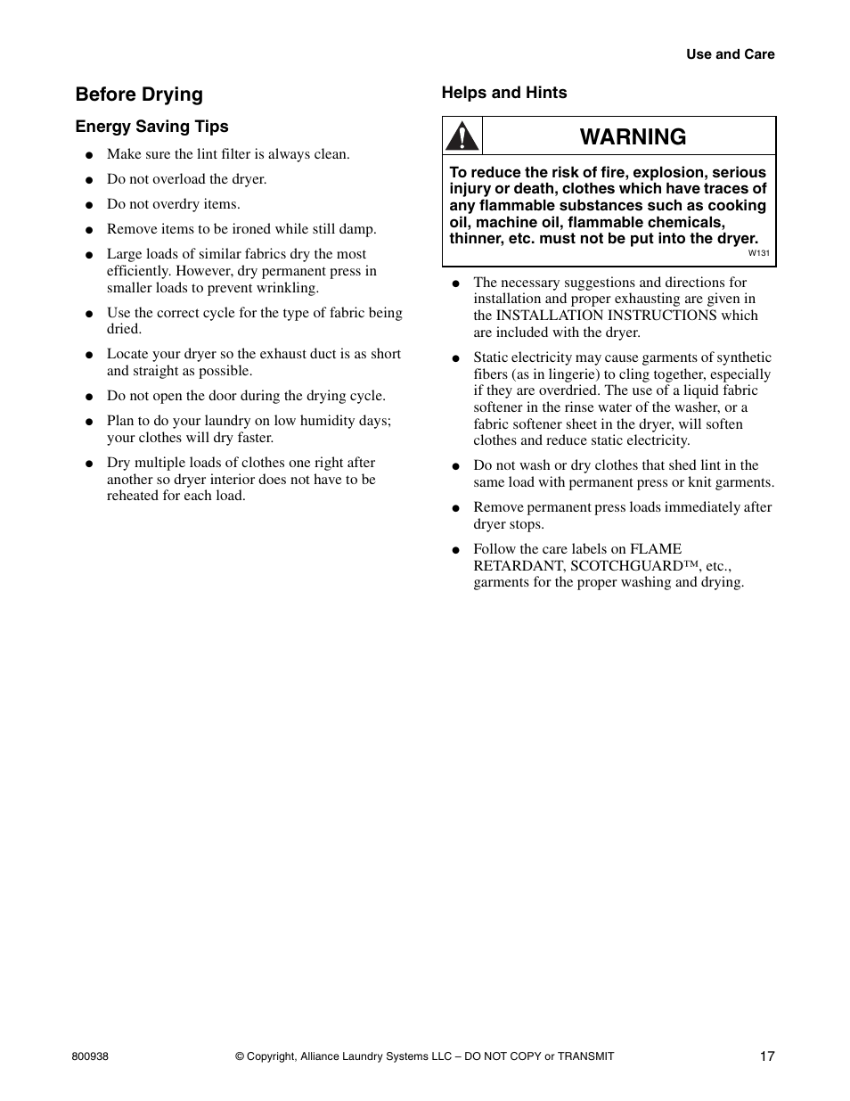Warning, Before drying, Energy saving tips | Helps and hints | Alliance Laundry Systems SWD439C User Manual | Page 19 / 62
