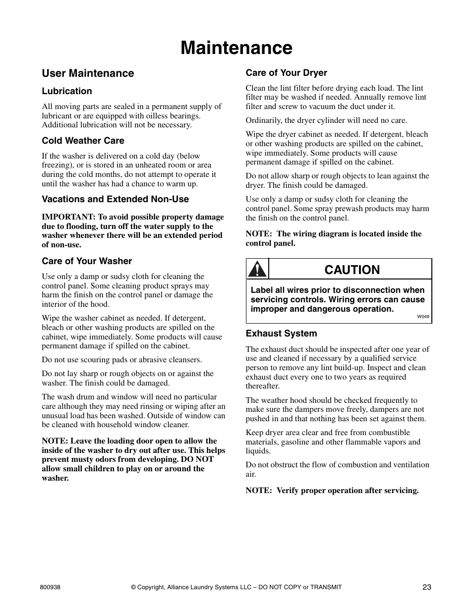 Maintenance, Caution, User maintenance | Alliance Laundry Systems SWD439C User Manual | Page 25 / 62