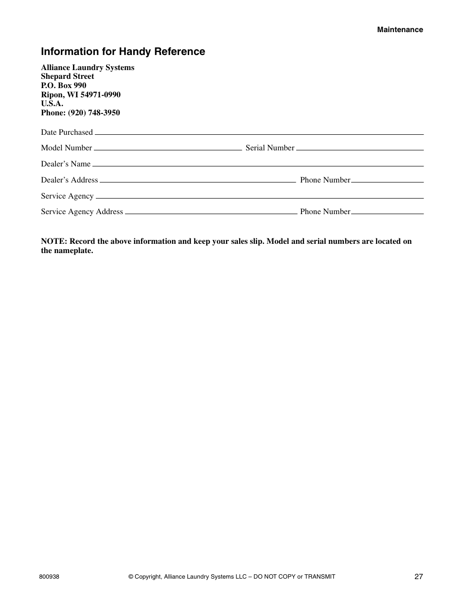 Information for handy reference | Alliance Laundry Systems SWD439C User Manual | Page 29 / 62
