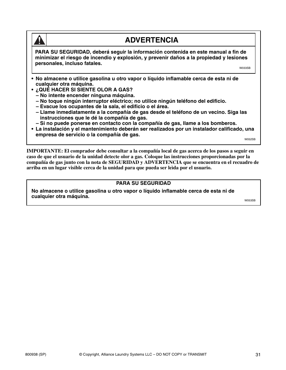 Advertencia | Alliance Laundry Systems SWD439C User Manual | Page 33 / 62