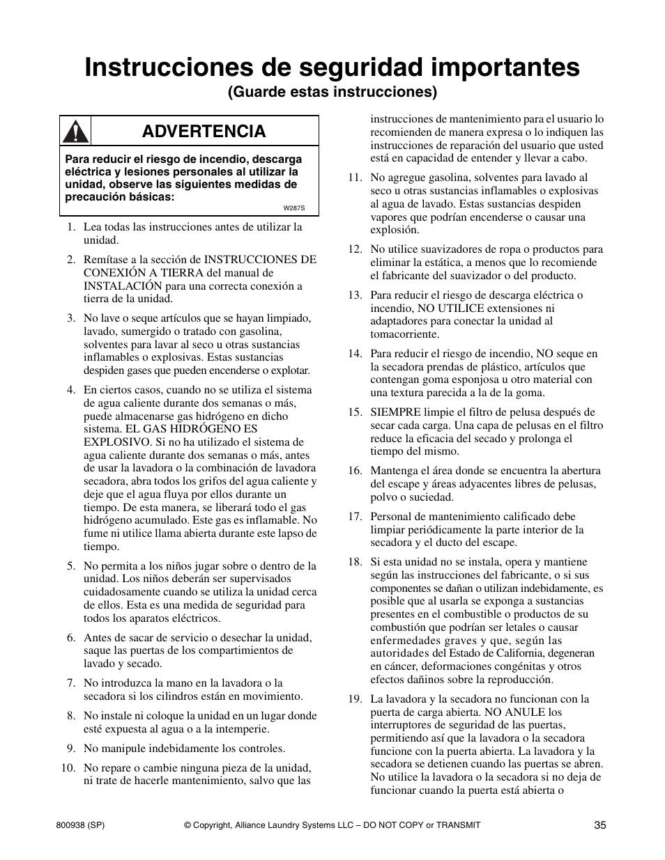 Instrucciones de seguridad importantes, Advertencia, Guarde estas instrucciones) | Alliance Laundry Systems SWD439C User Manual | Page 37 / 62