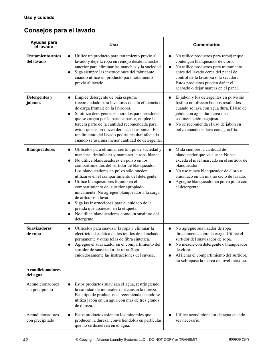 Consejos para el lavado | Alliance Laundry Systems SWD439C User Manual | Page 44 / 62