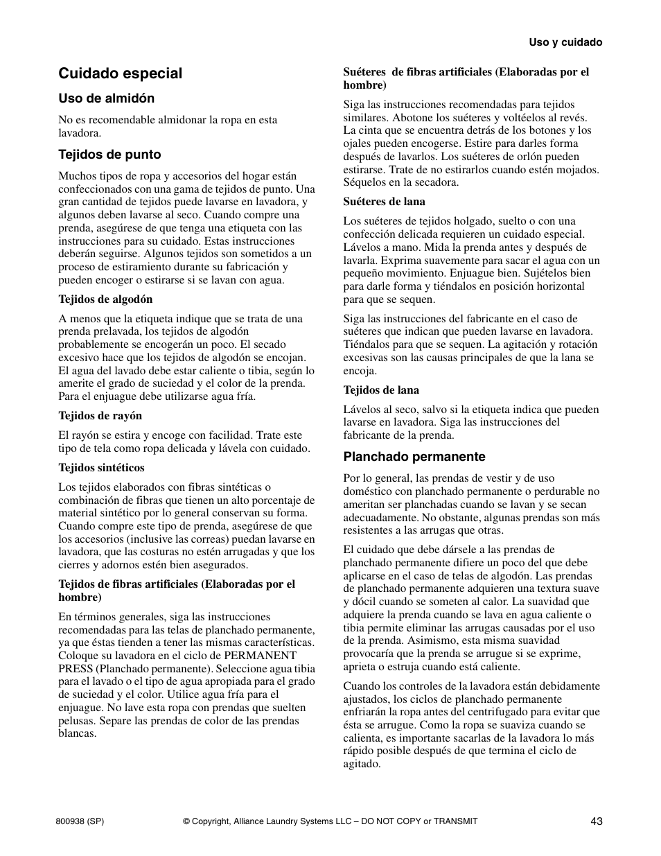 Cuidado especial | Alliance Laundry Systems SWD439C User Manual | Page 45 / 62