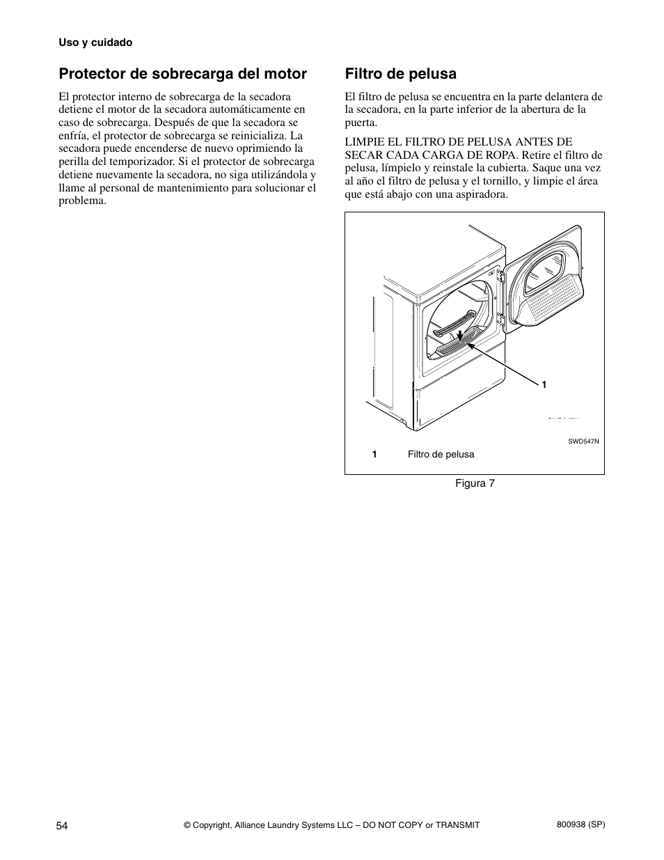 Protector de sobrecarga del motor, Filtro de pelusa | Alliance Laundry Systems SWD439C User Manual | Page 56 / 62