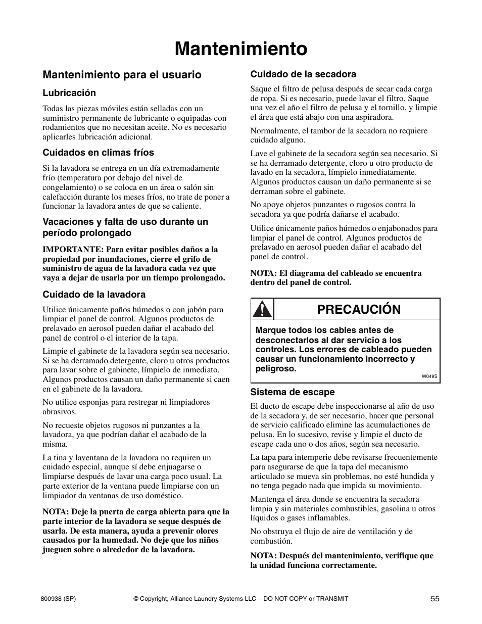 Mantenimiento, Precaución, Mantenimiento para el usuario | Alliance Laundry Systems SWD439C User Manual | Page 57 / 62