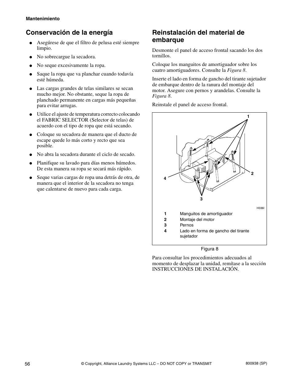 Conservación de la energía, Reinstalación del material de embarque | Alliance Laundry Systems SWD439C User Manual | Page 58 / 62