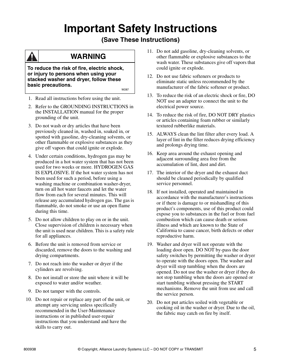 Important safety instructions, Warning, Save these instructions) | Alliance Laundry Systems SWD439C User Manual | Page 7 / 62