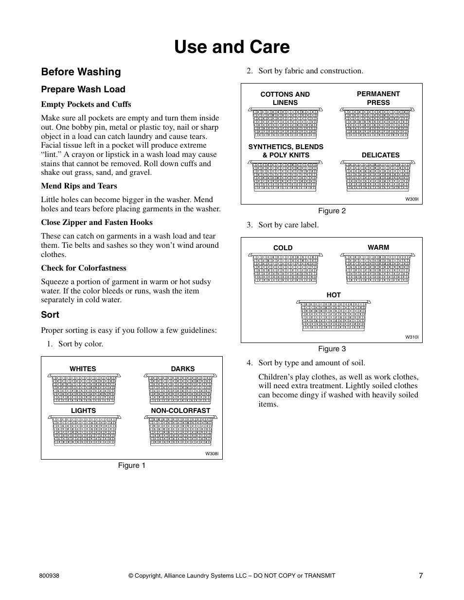 Use and care, Before washing | Alliance Laundry Systems SWD439C User Manual | Page 9 / 62
