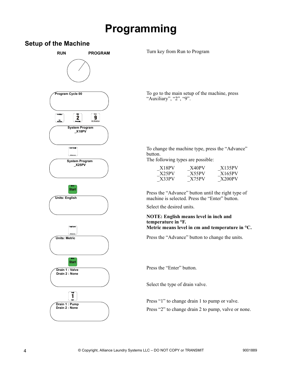 Programming, Setup of the machine | Alliance Laundry Systems CABINET FREESTANDING 9001889R7 User Manual | Page 6 / 62