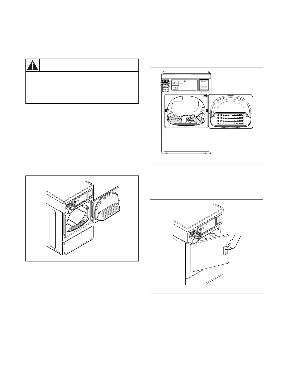 Operation, Warning, Step 1: clean lint filter | Step 2: load laundry, Step 3: close loading door | Alliance Laundry Systems DRY684C User Manual | Page 29 / 46