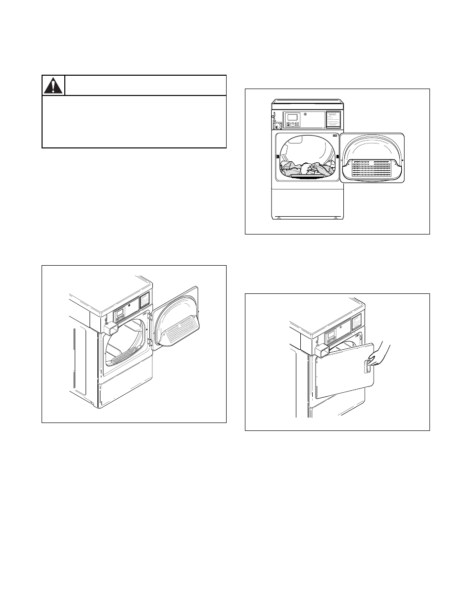 Warning, Step 1: clean lint filter, Step 2: load laundry | Step 3: close loading door | Alliance Laundry Systems DRY684C User Manual | Page 31 / 46