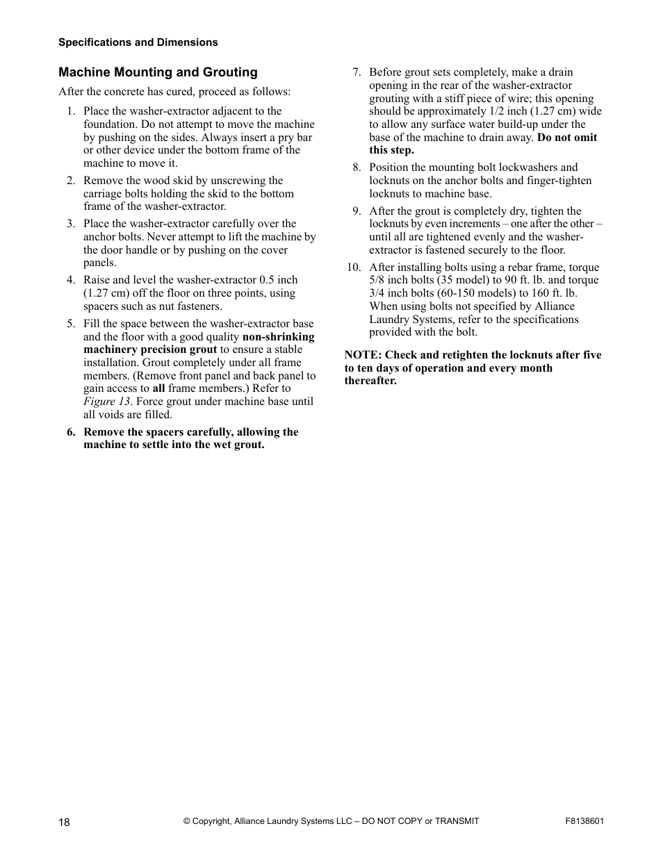 Machine mounting and grouting | Alliance Laundry Systems PHM802N User Manual | Page 20 / 48