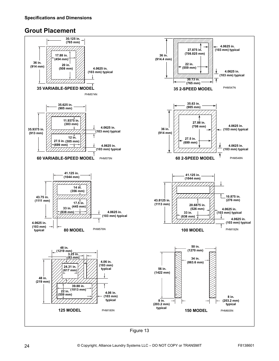 Grout placement, Specifications and dimensions, Figure 13 | 150 model, 35 variable-speed model, 60 variable-speed model, 80 model, 100 model, 60 2-speed model, 125 model | Alliance Laundry Systems PHM802N User Manual | Page 26 / 48