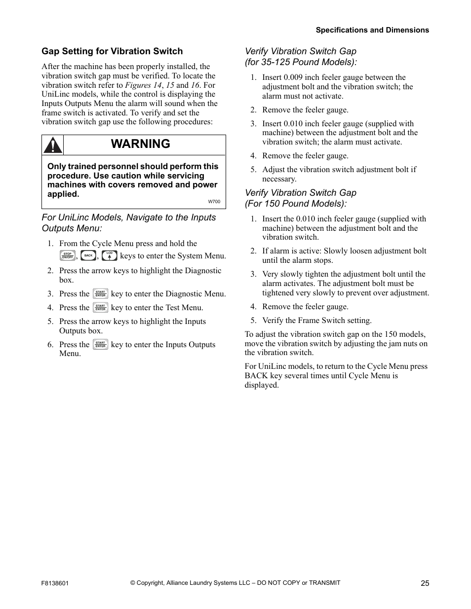 Gap setting for vibration switch, Warning | Alliance Laundry Systems PHM802N User Manual | Page 27 / 48