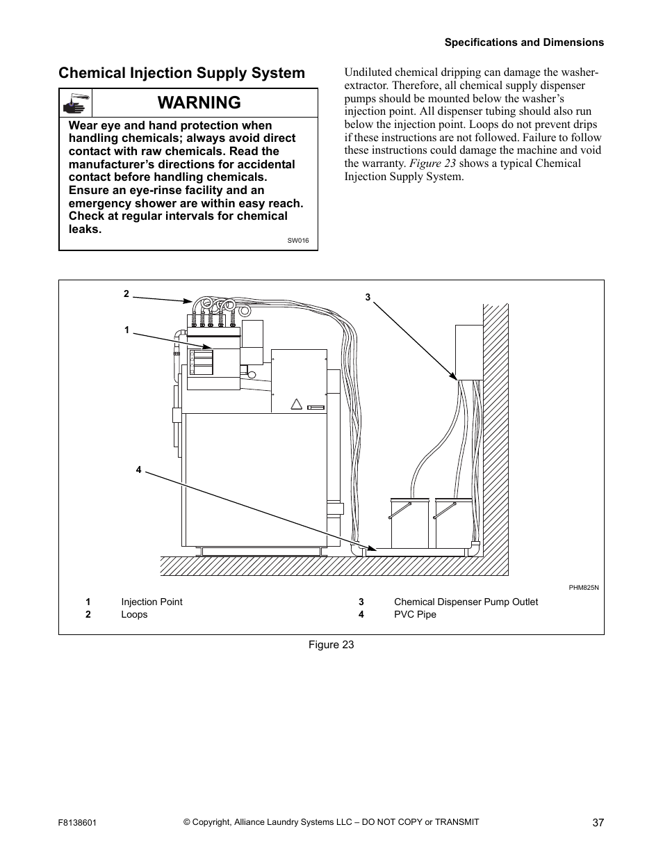 Chemical injection supply system, Warning | Alliance Laundry Systems PHM802N User Manual | Page 39 / 48