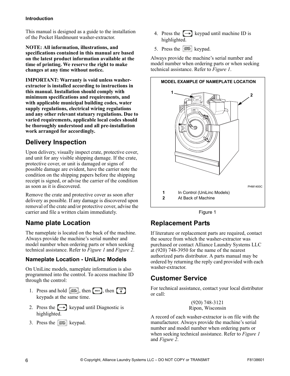 Delivery inspection, Name plate location, Nameplate location - unilinc models | Replacement parts, Customer service | Alliance Laundry Systems PHM802N User Manual | Page 8 / 48