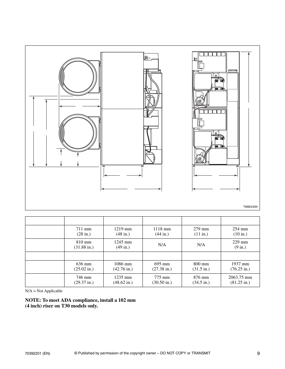 Cabinet dimensions – t30 and t45 model, Cabinet dimensions – t30 and t45 models | Alliance Laundry Systems Dryer Tumblers User Manual | Page 11 / 31