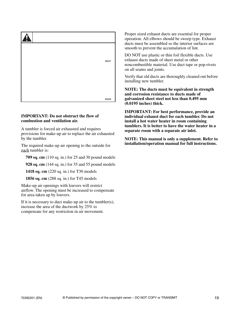Exhaust requirements, Make-up air venting, Warning | Alliance Laundry Systems Dryer Tumblers User Manual | Page 21 / 31