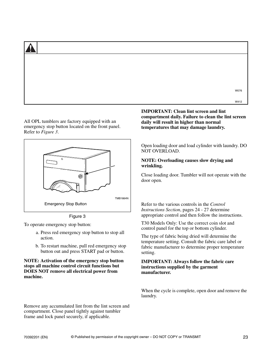 Operation, Emergency stop button operating instructions, Warning | Emergency stop button, Operating instructions | Alliance Laundry Systems Dryer Tumblers User Manual | Page 25 / 31