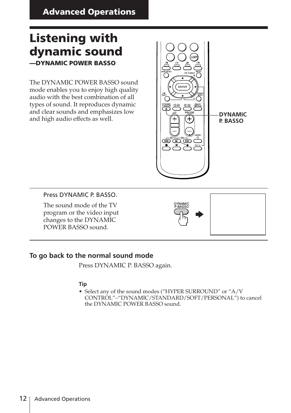 Listening with dynamic sound, Advanced operations | Sony KV-EF29M61 User Manual | Page 12 / 42