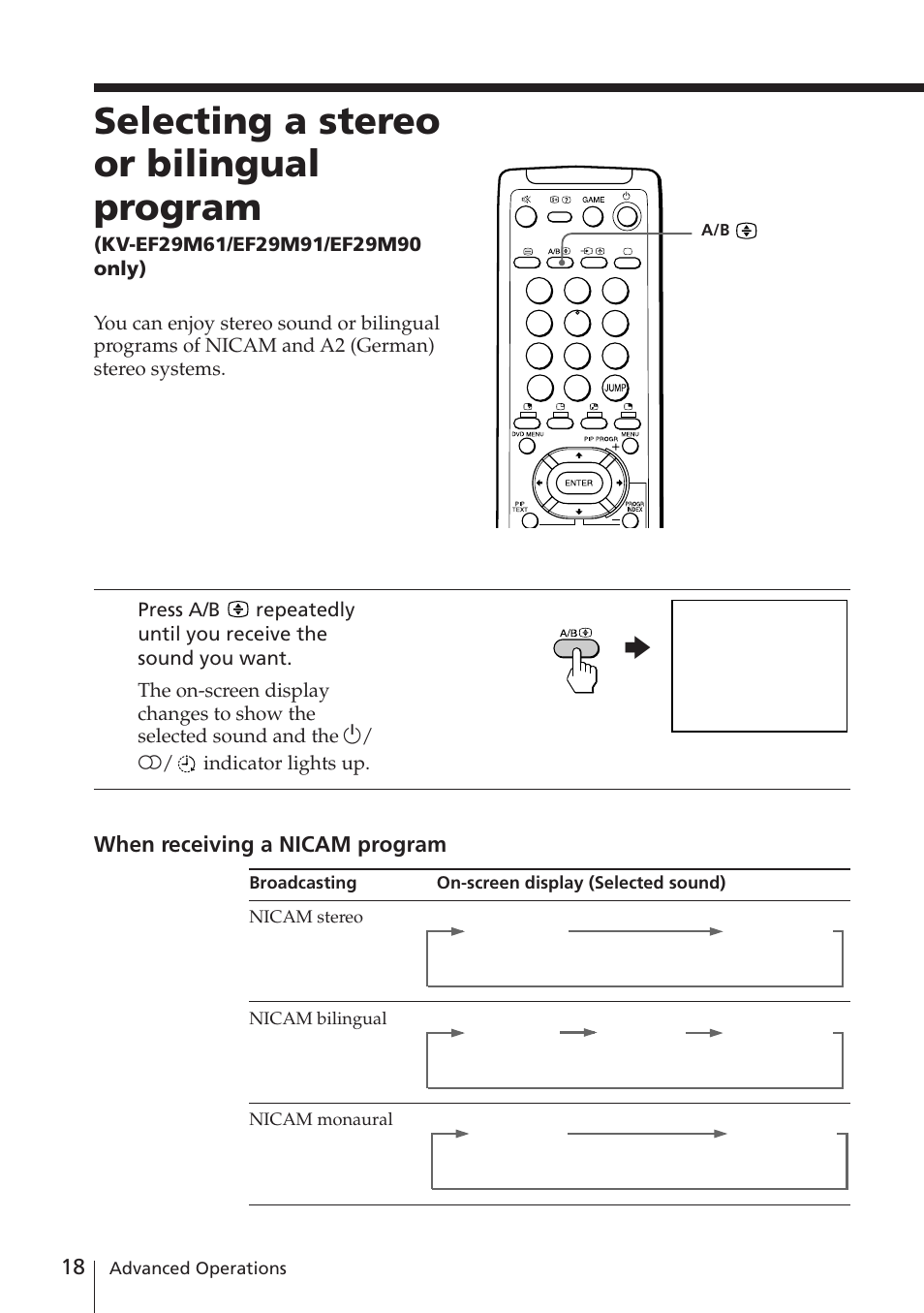 Selecting a stereo or bilingual program, When receiving a nicam program | Sony KV-EF29M61 User Manual | Page 18 / 42