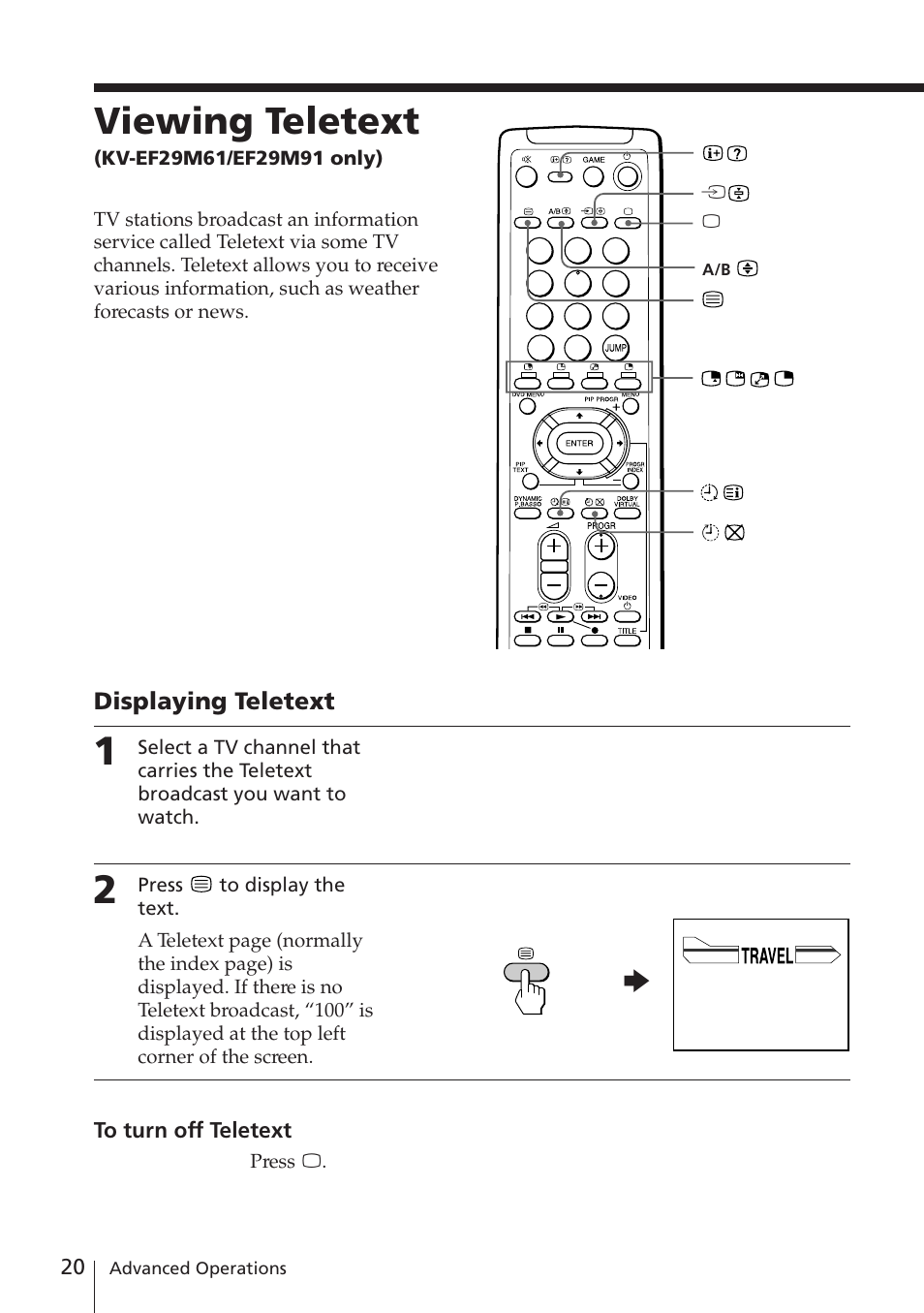 Viewing teletext, Displaying teletext | Sony KV-EF29M61 User Manual | Page 20 / 42