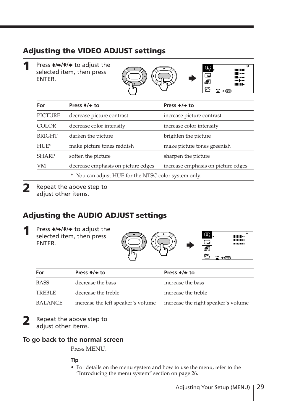 Adjusting the video adjust settings, Adjusting the audio adjust settings | Sony KV-EF29M61 User Manual | Page 29 / 42